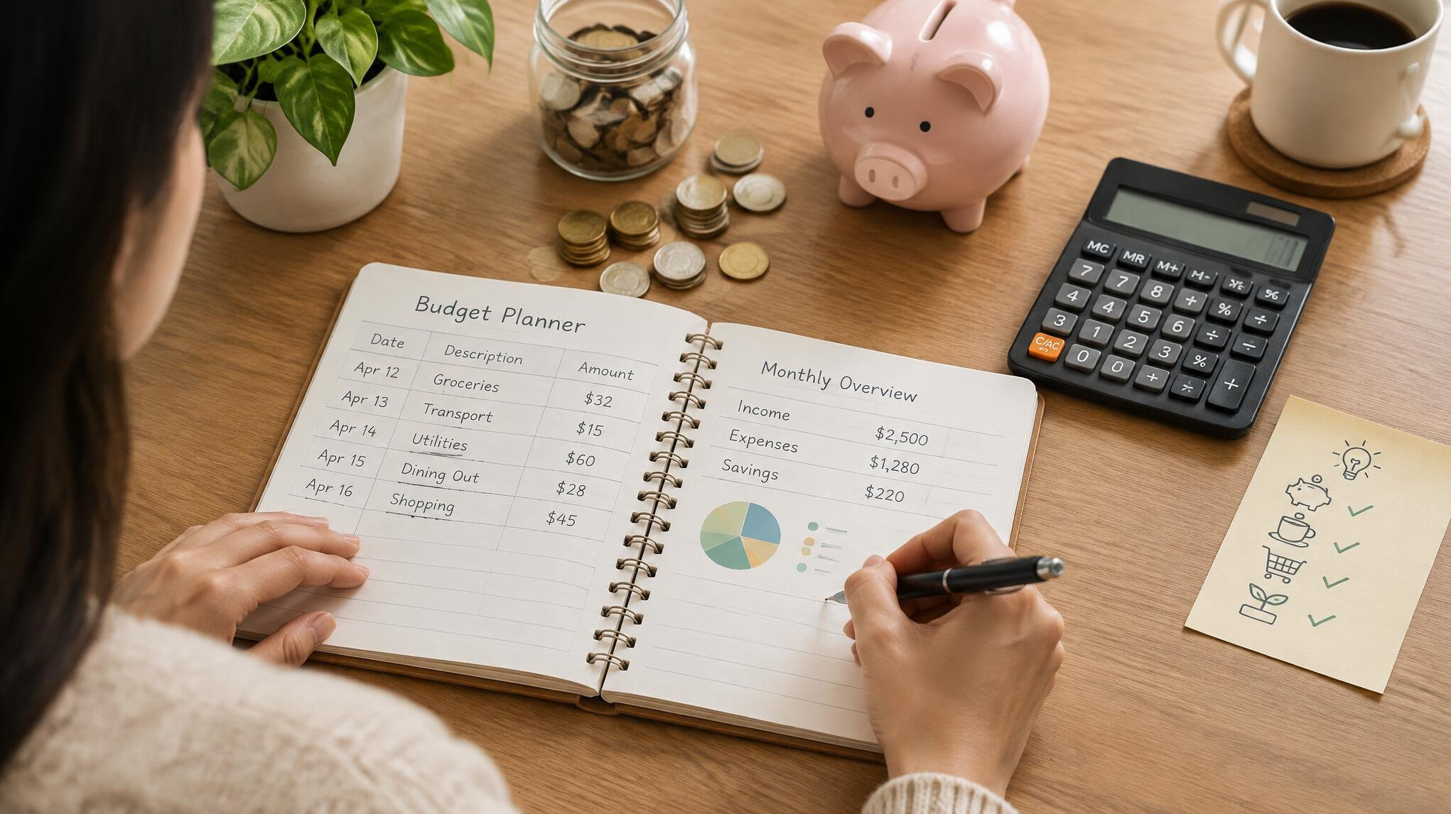 person tracking expenses on notebook